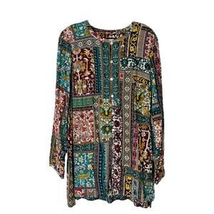 J Jill cream red blue boho floral button front tunic top small